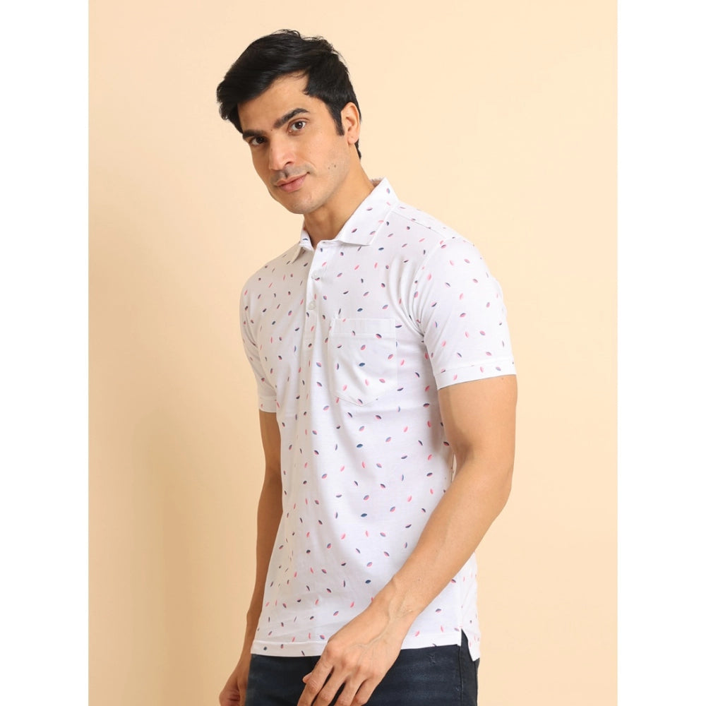 Men's Casual Cotton Printed Polo Neck Half Sleeve T-Shirt (White)