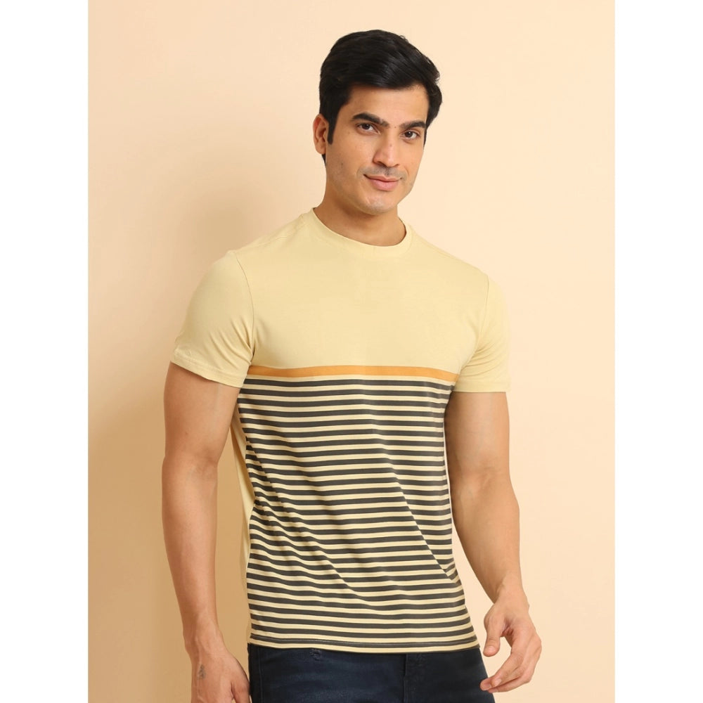 Men's Casual Cotton Printed Round Neck Half Sleeve T-Shirt (Brown)