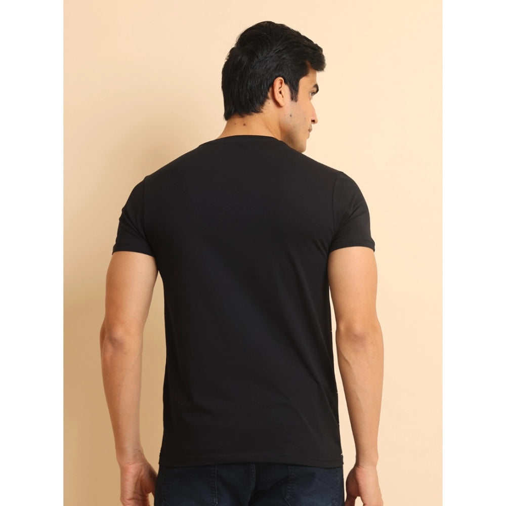 Men's Casual Cotton Printed Round Neck Half Sleeve T-Shirt (Black)