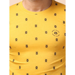 Men's Casual Cotton Printed Round Neck Full Sleeve T-Shirt (Mustard)