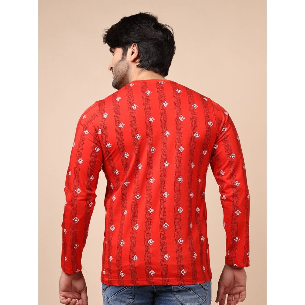 Men's Casual Cotton Printed Round Neck Full Sleeve T-Shirt (Red)