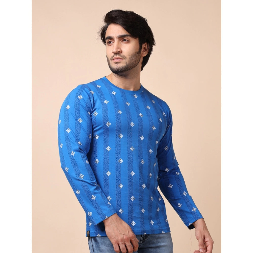 Men's Casual Cotton Printed Round Neck Full Sleeve T-Shirt (Blue)