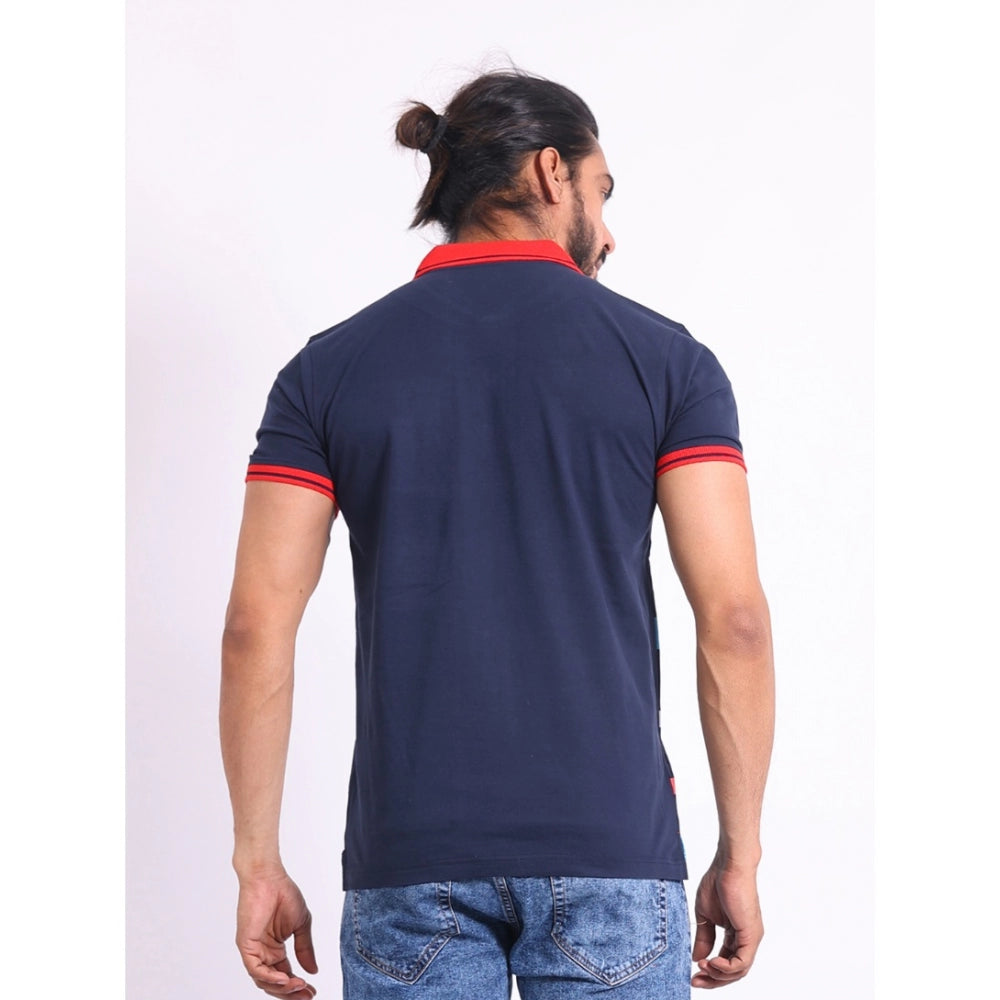 Men's Casual Cotton Printed Polo Neck Half Sleeve T-Shirt (Navy)