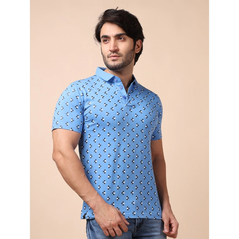 Men's Casual Cotton Printed Polo Neck Half Sleeve T-Shirt (Blue)