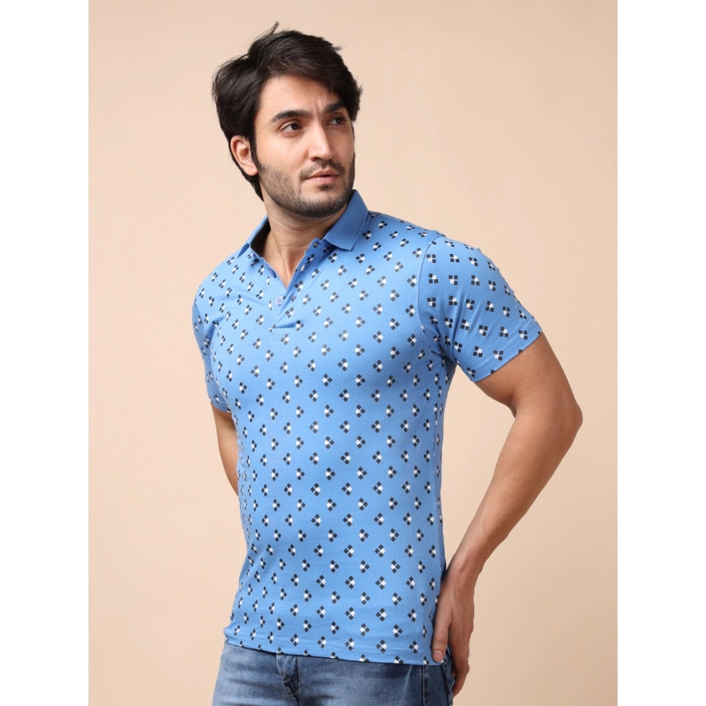 Men's Casual Cotton Printed Polo Neck Half Sleeve T-Shirt (Blue)