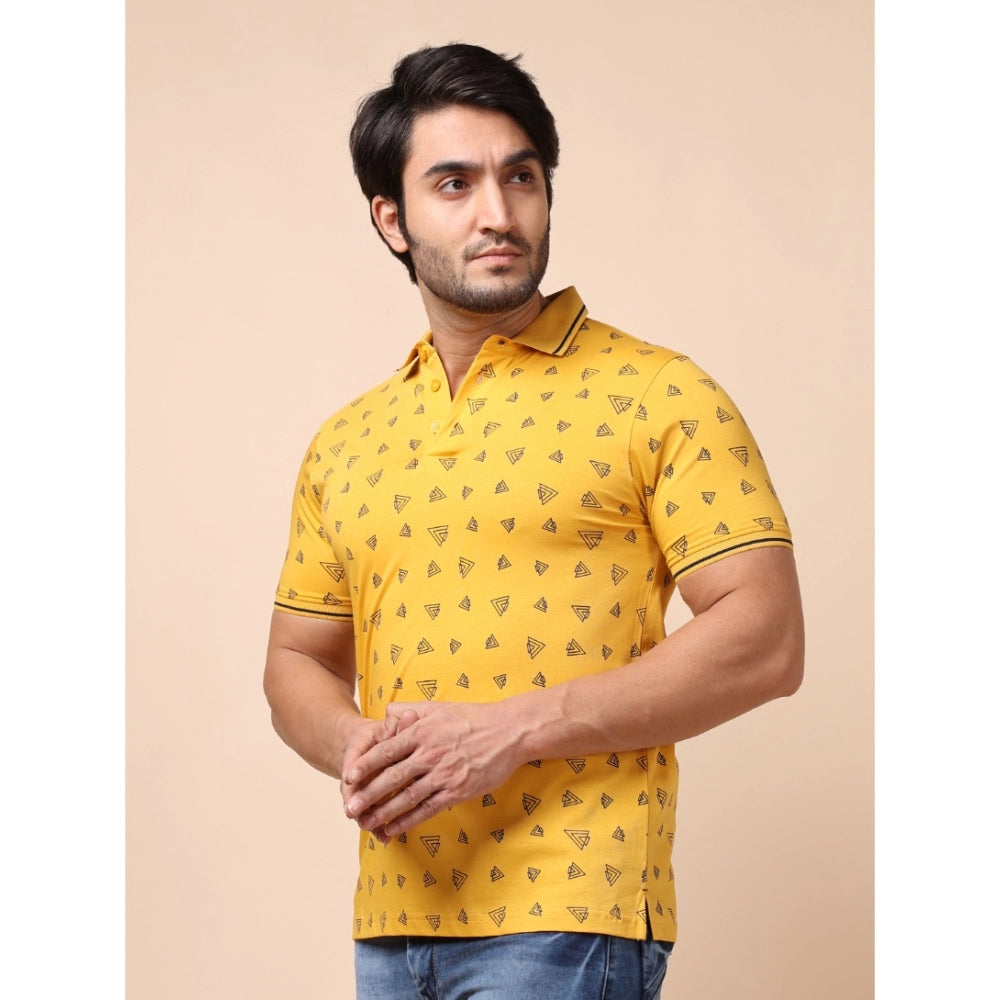 Men's Casual Cotton Printed Polo Neck Half Sleeve T-Shirt (Mustard)