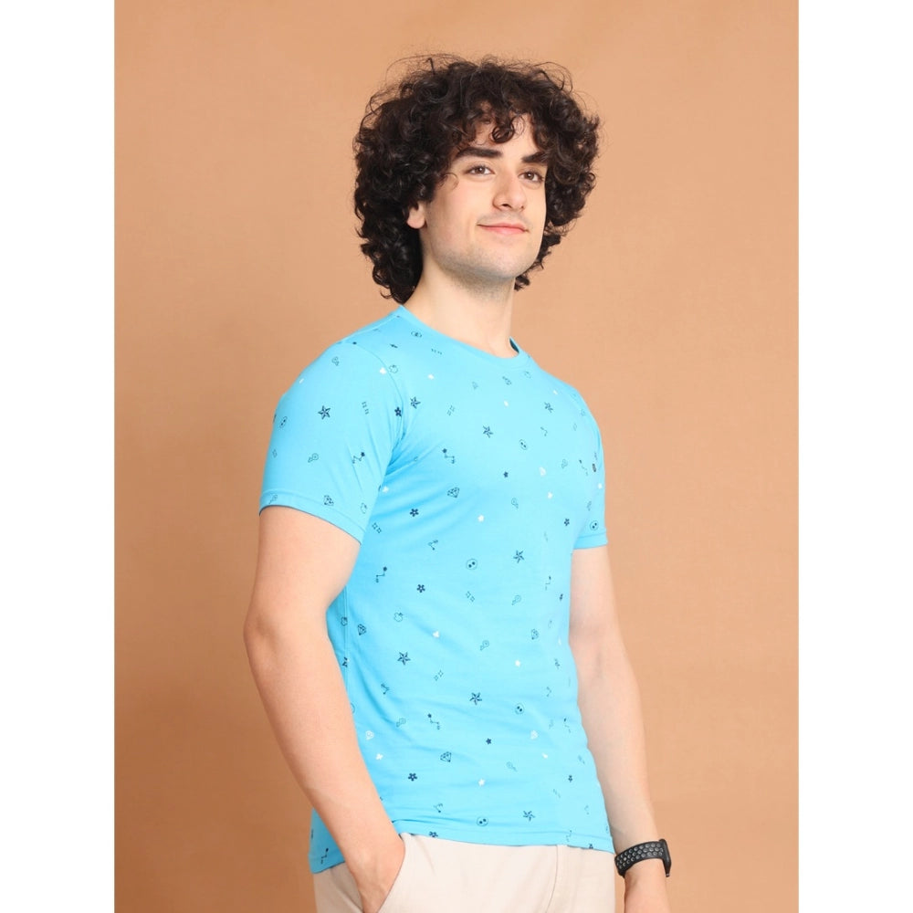 Men's Casual Cotton Printed Round Neck Half Sleeve T-Shirt (Skyblue)