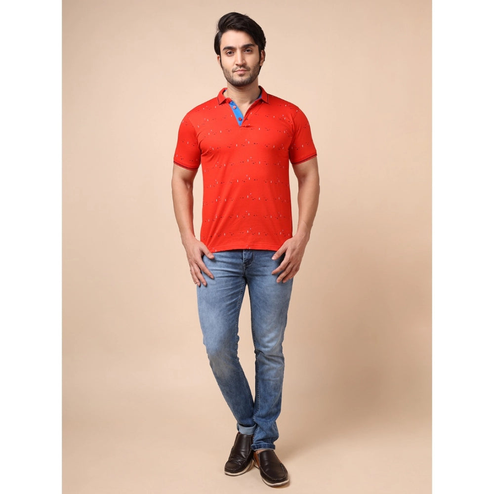 Men's Casual Cotton Printed Polo Neck Half Sleeve T-Shirt (Red)