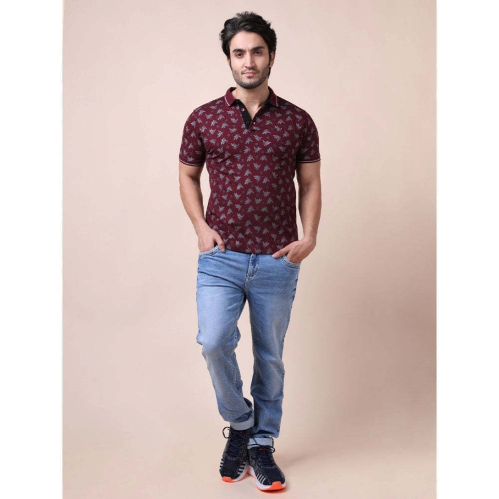 Men's Casual Cotton Printed Polo Neck Half Sleeve T-Shirt (Plum)