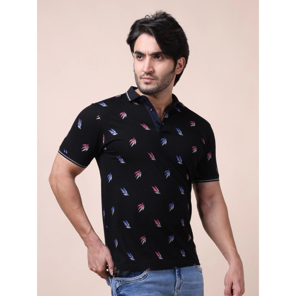 Men's Casual Cotton Printed Polo Neck Half Sleeve T-Shirt (Black)