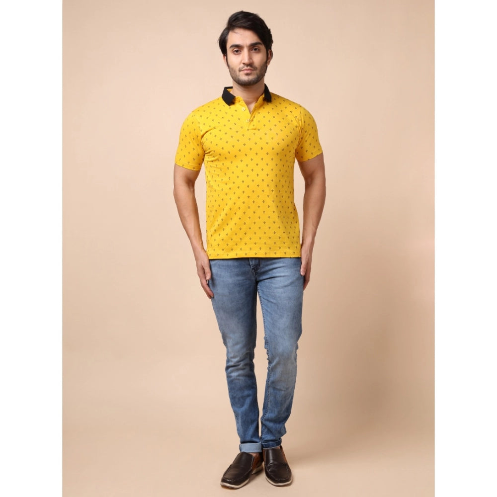 Men's Casual Cotton Printed Polo Neck Half Sleeve T-Shirt (Yellow)