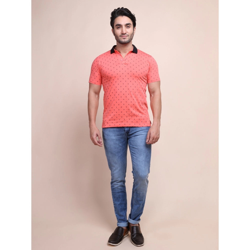 Men's Casual Cotton Printed Polo Neck Half Sleeve T-Shirt (Red)