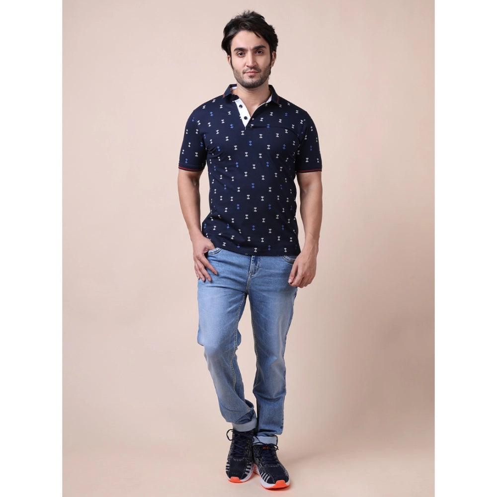 Men's Casual Cotton Printed Polo Neck Half Sleeve T-Shirt (Navy)