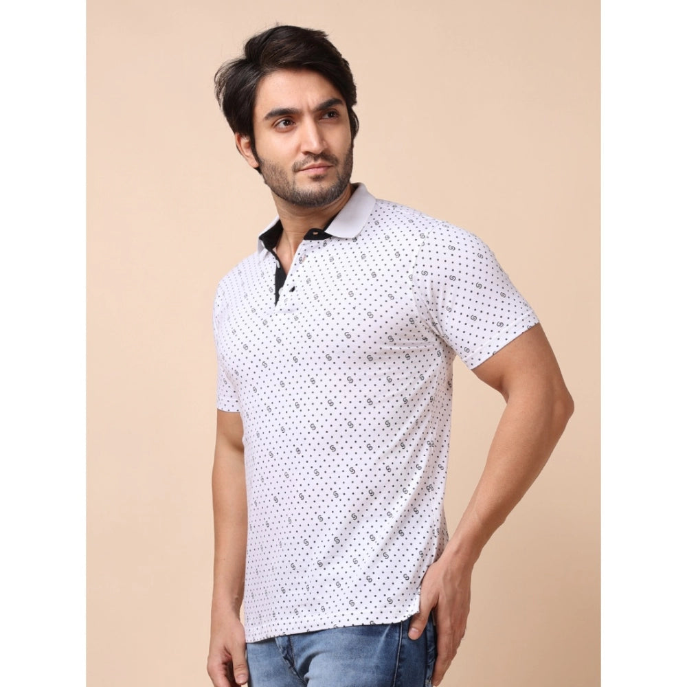 Men's Casual Cotton Printed Polo Neck Half Sleeve T-Shirt (White)