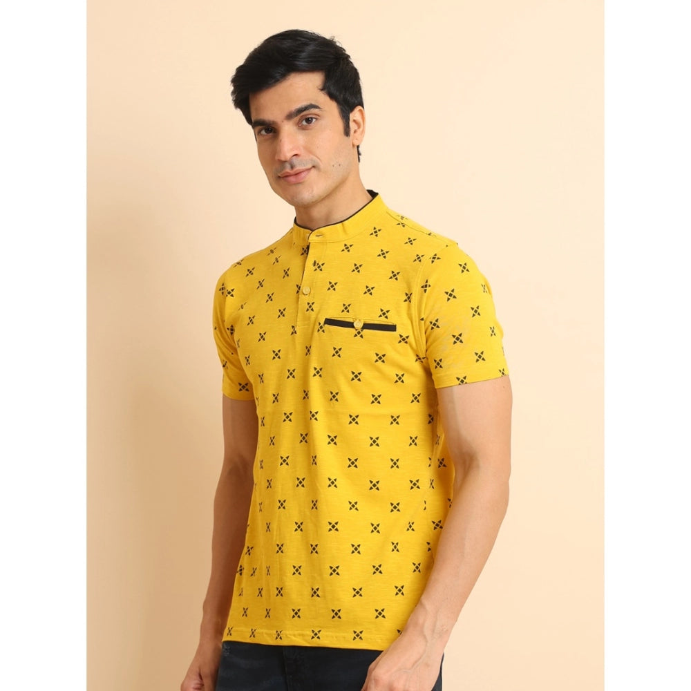 Men's Casual Cotton Printed Mandarin Collar Half Sleeve T-Shirt (Mustard)