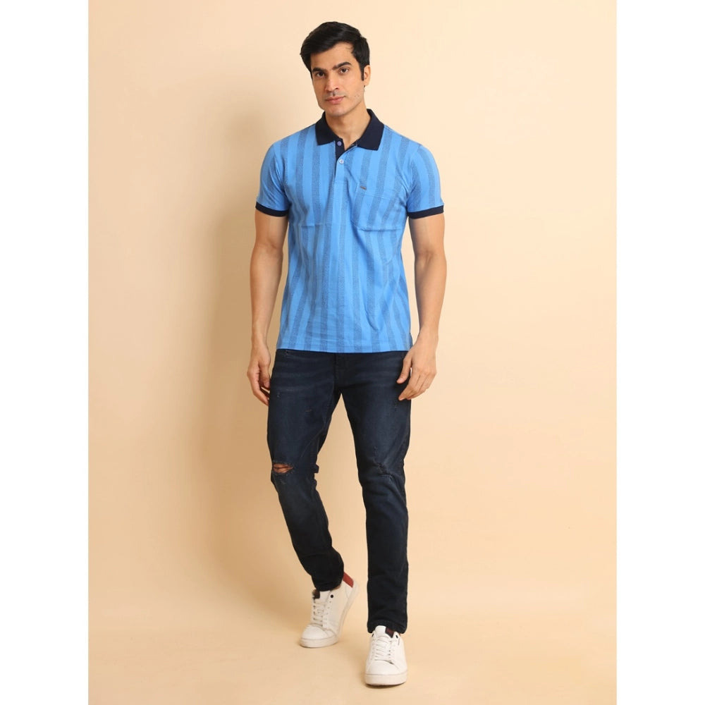 Men's Casual Cotton Printed Polo Neck Half Sleeve T-Shirt (LightBlue)