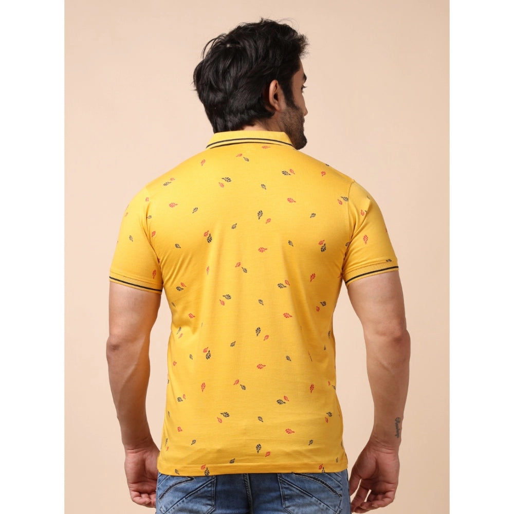 Men's Casual Cotton Printed Polo Neck Half Sleeve T-Shirt (Mustard)