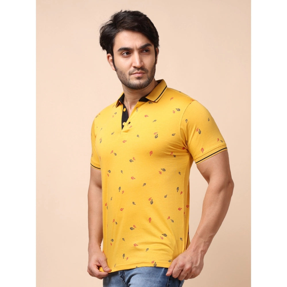 Men's Casual Cotton Printed Polo Neck Half Sleeve T-Shirt (Mustard)