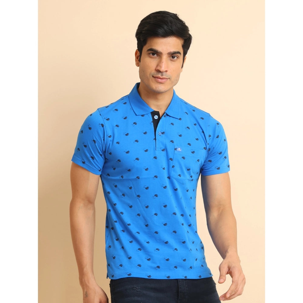 Men's Casual Cotton Printed Polo Neck Half Sleeve T-Shirt (Blue)