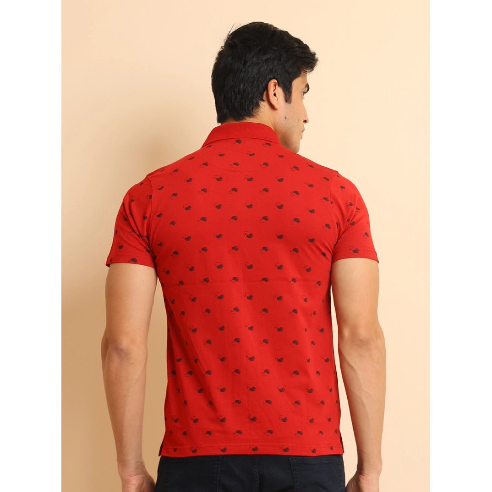 Men's Casual Cotton Printed Polo Neck Half Sleeve T-Shirt (Red)