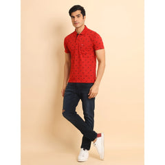 Men's Casual Cotton Printed Polo Neck Half Sleeve T-Shirt (Red)