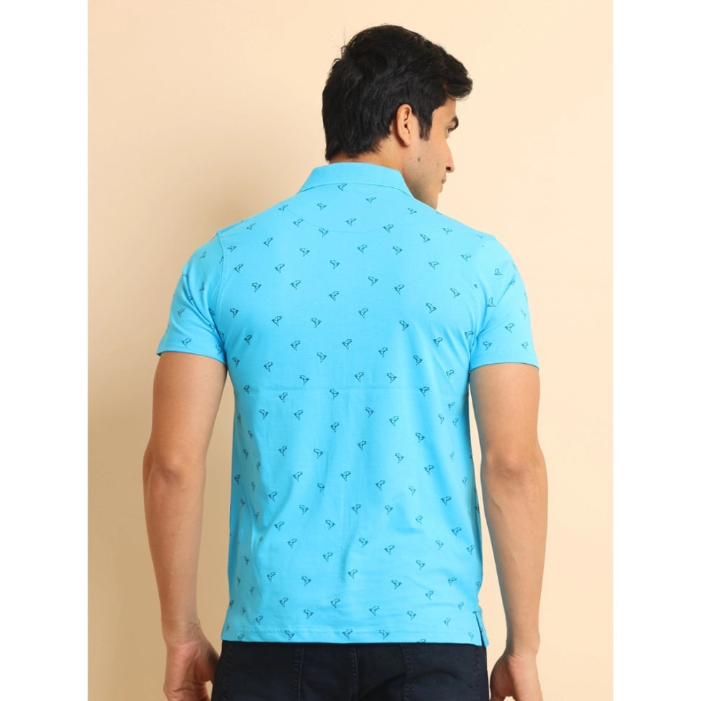 Men's Casual Cotton Printed Polo Neck Half Sleeve T-Shirt (Skyblue)