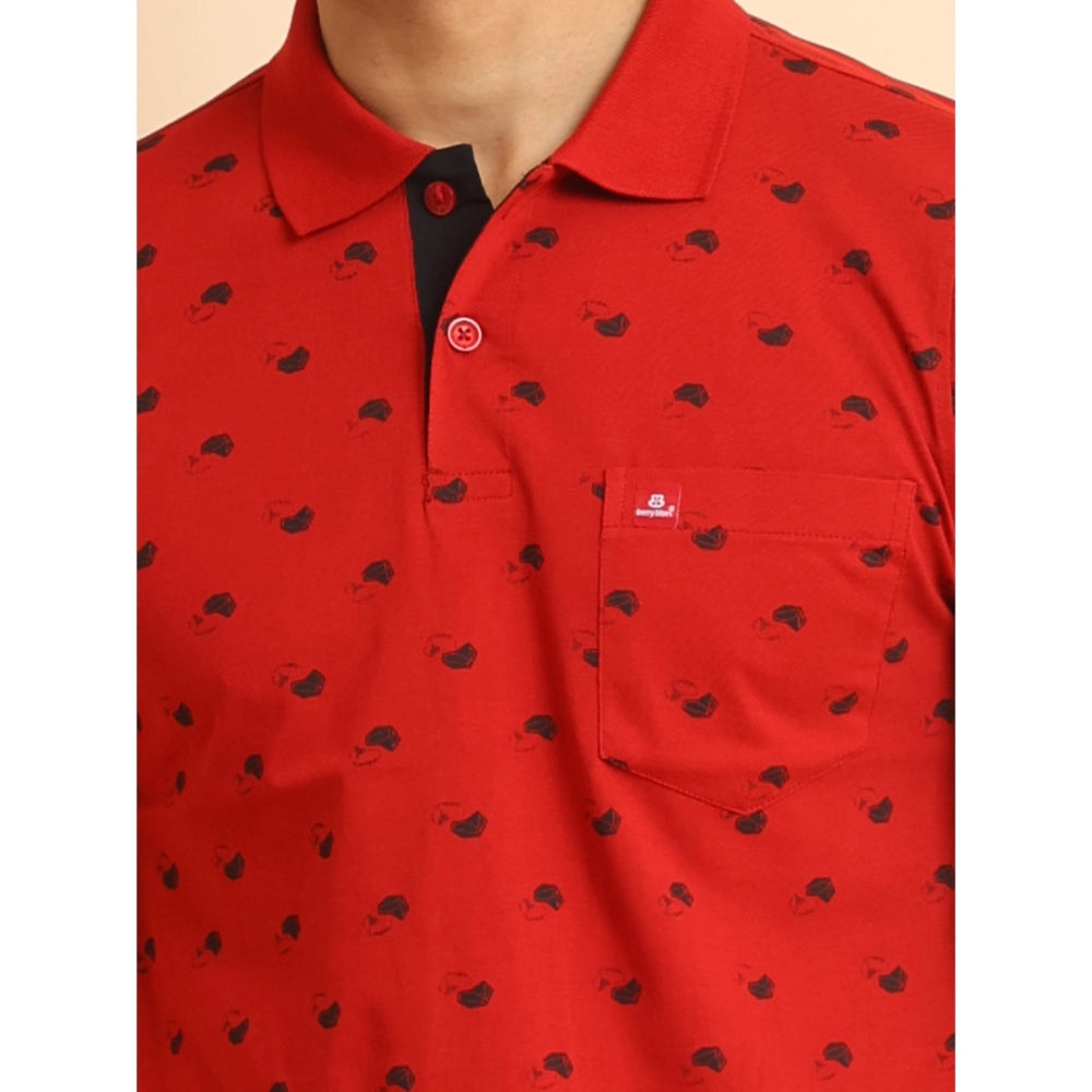 Men's Casual Cotton Printed Polo Neck Half Sleeve T-Shirt (Red)