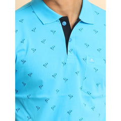 Men's Casual Cotton Printed Polo Neck Half Sleeve T-Shirt (Skyblue)