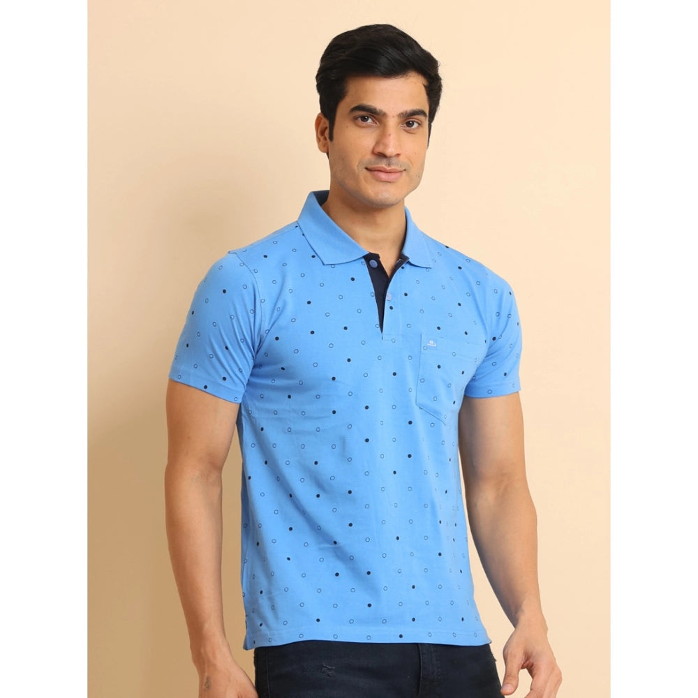 Men's Casual Cotton Printed Polo Neck Half Sleeve T-Shirt (Blue)