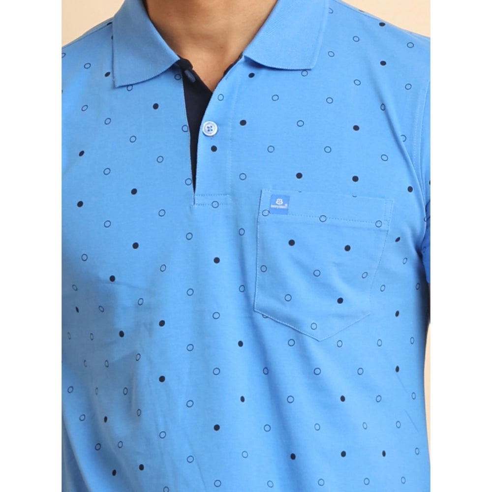 Men's Casual Cotton Printed Polo Neck Half Sleeve T-Shirt (Blue)