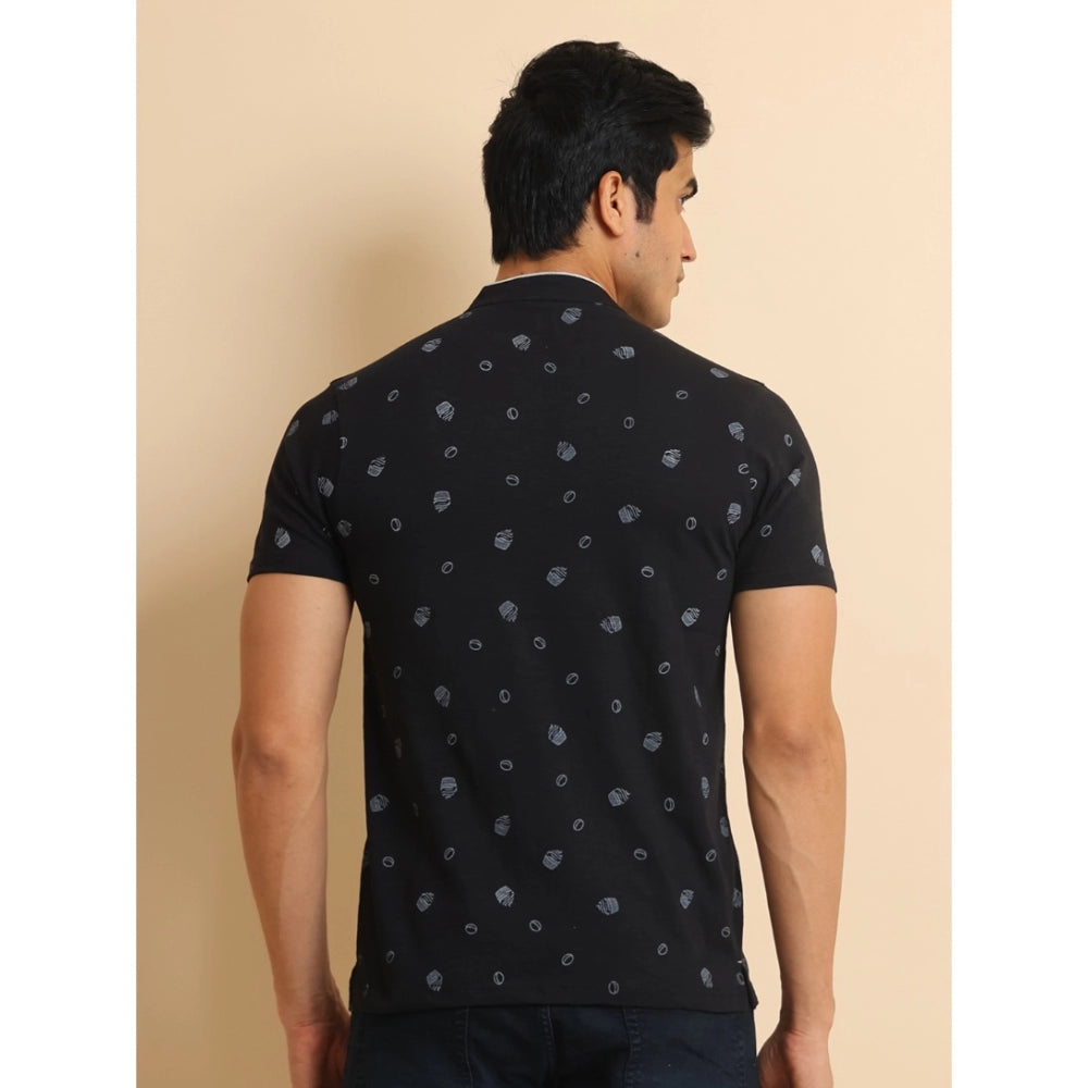 Men's Casual Cotton Printed Mandarin Collar Half Sleeve T-Shirt (Black)