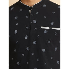 Men's Casual Cotton Printed Mandarin Collar Half Sleeve T-Shirt (Black)