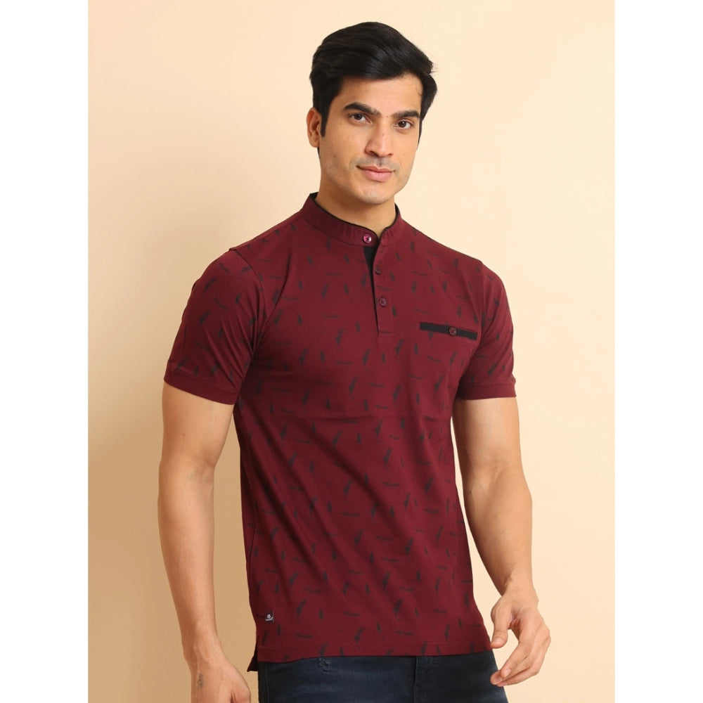 Men's Casual Cotton Printed Mandarin Collar Half Sleeve T-Shirt (Plum)