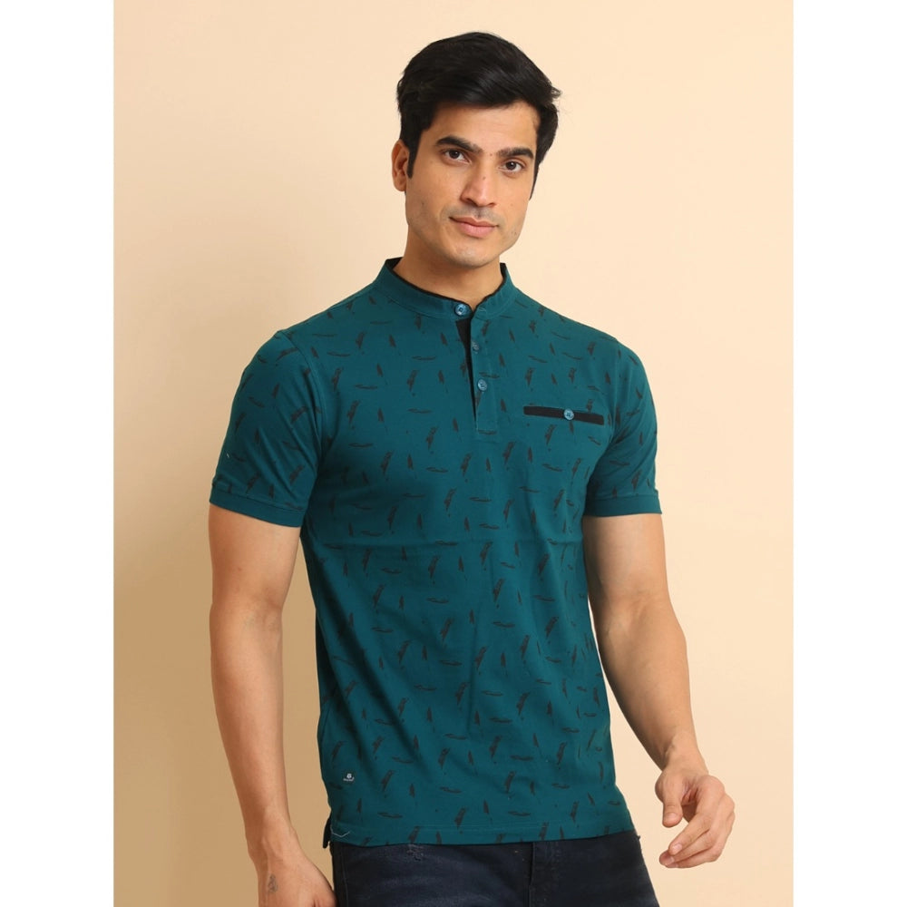 Men's Casual Cotton Printed Mandarin Collar Half Sleeve T-Shirt (Green)