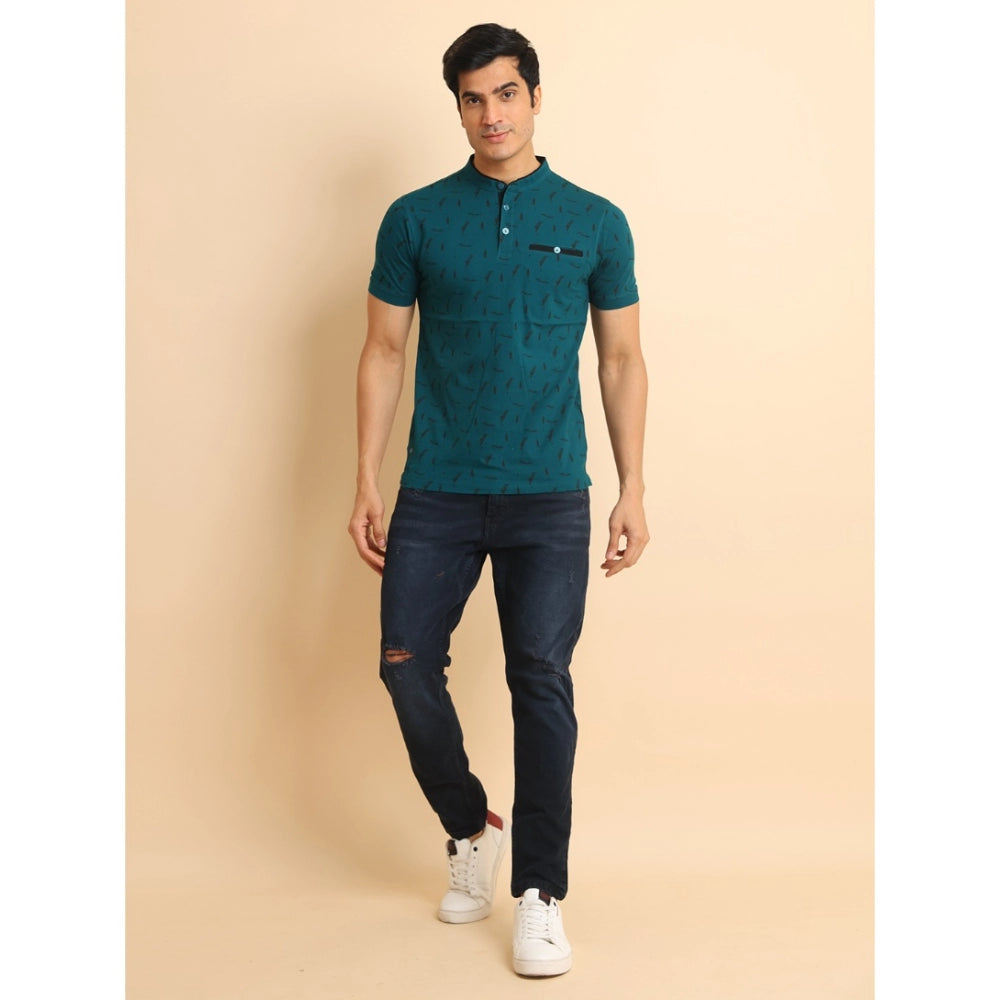 Men's Casual Cotton Printed Mandarin Collar Half Sleeve T-Shirt (Green)