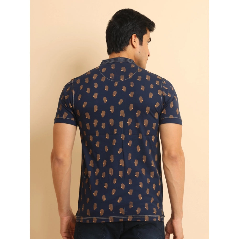 Men's Casual Cotton Printed Mandarin Collar Half Sleeve T-Shirt (Navy)