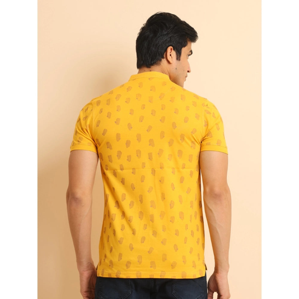 Men's Casual Cotton Printed Mandarin Collar Half Sleeve T-Shirt (Mustard)