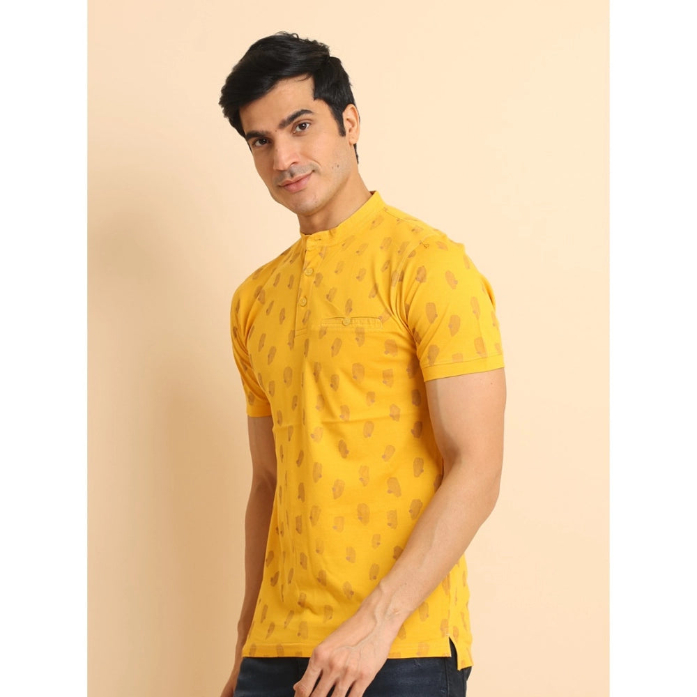 Men's Casual Cotton Printed Mandarin Collar Half Sleeve T-Shirt (Mustard)