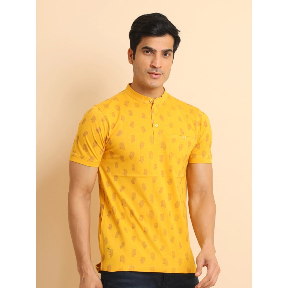 Men's Casual Cotton Printed Mandarin Collar Half Sleeve T-Shirt (Mustard)