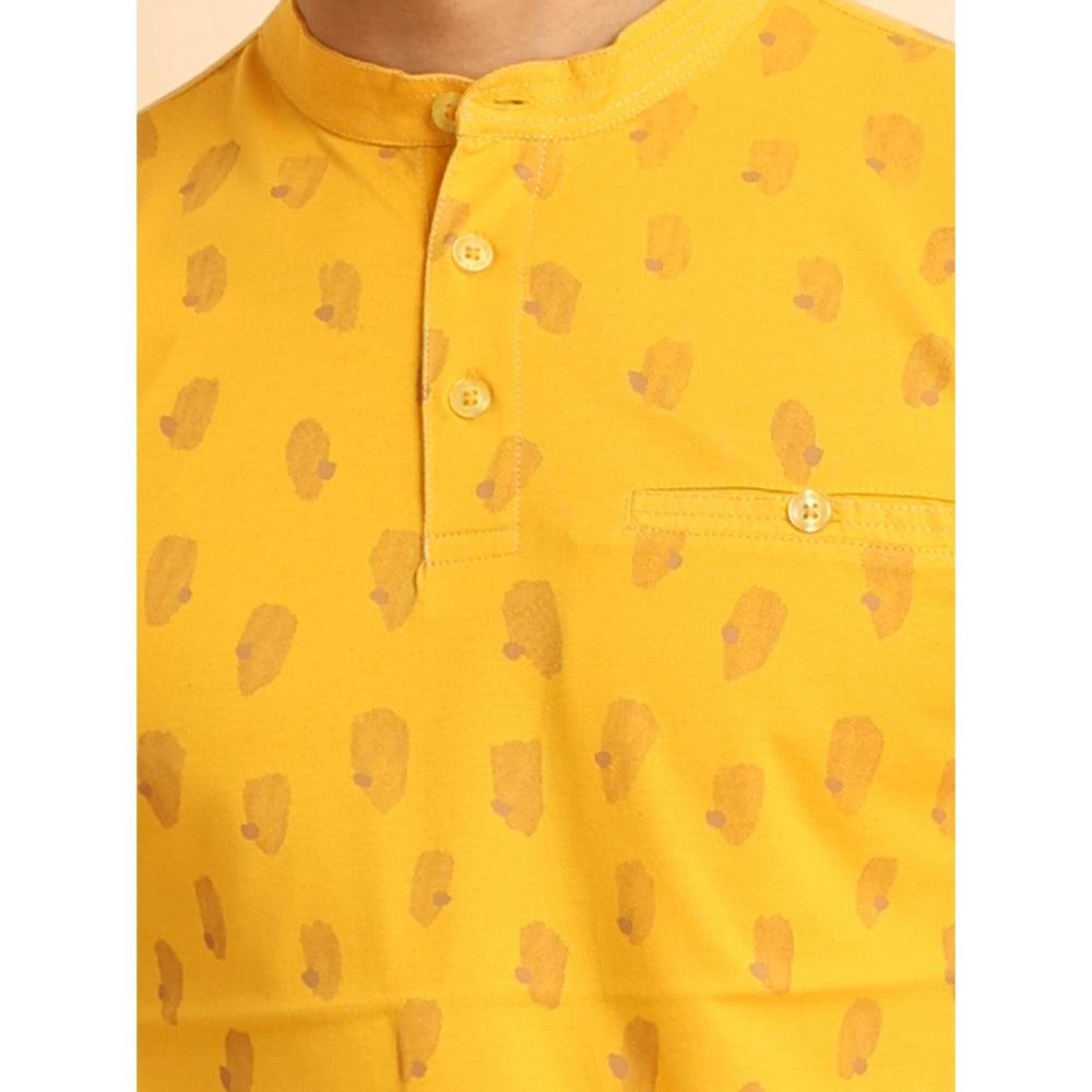 Men's Casual Cotton Printed Mandarin Collar Half Sleeve T-Shirt (Mustard)