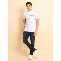 Men's Casual Cotton Printed Mandarin Collar Half Sleeve T-Shirt (White)