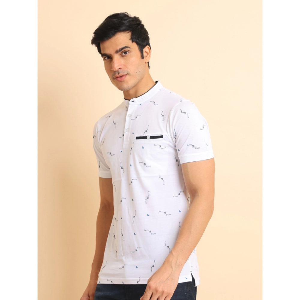 Men's Casual Cotton Printed Mandarin Collar Half Sleeve T-Shirt (White)