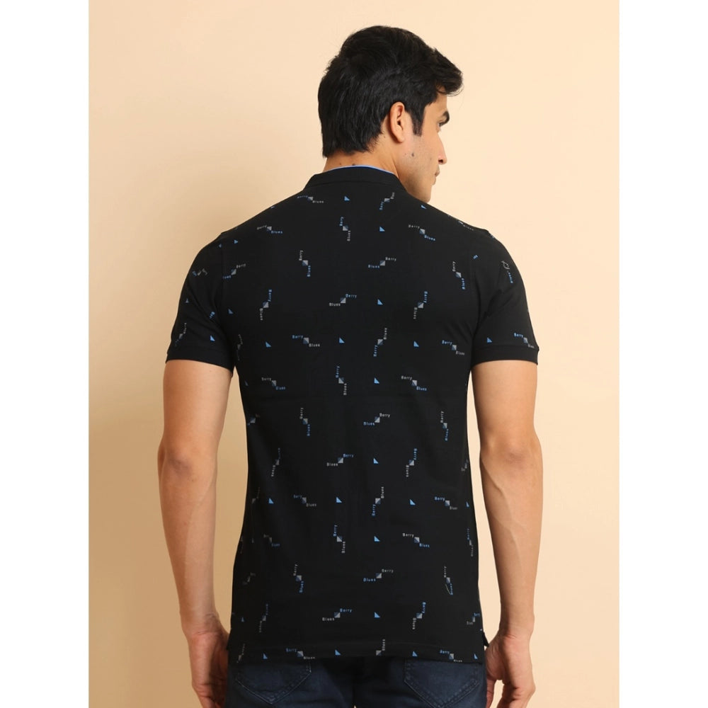 Men's Casual Cotton Printed Mandarin Collar Half Sleeve T-Shirt (Navy)