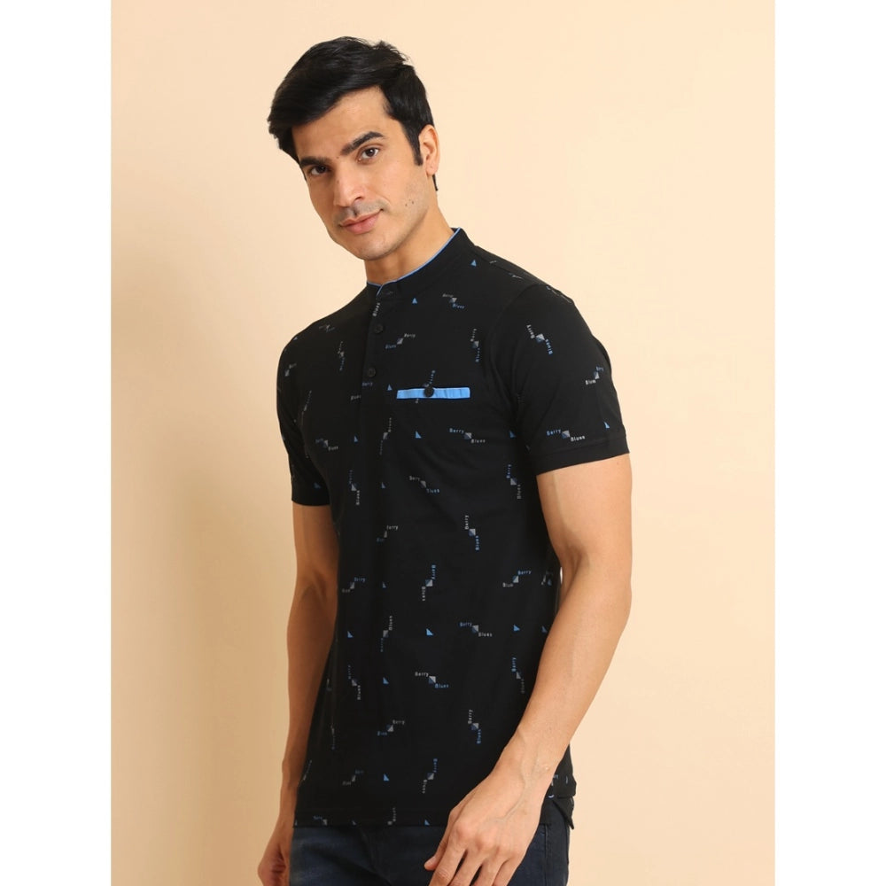 Men's Casual Cotton Printed Mandarin Collar Half Sleeve T-Shirt (Navy)