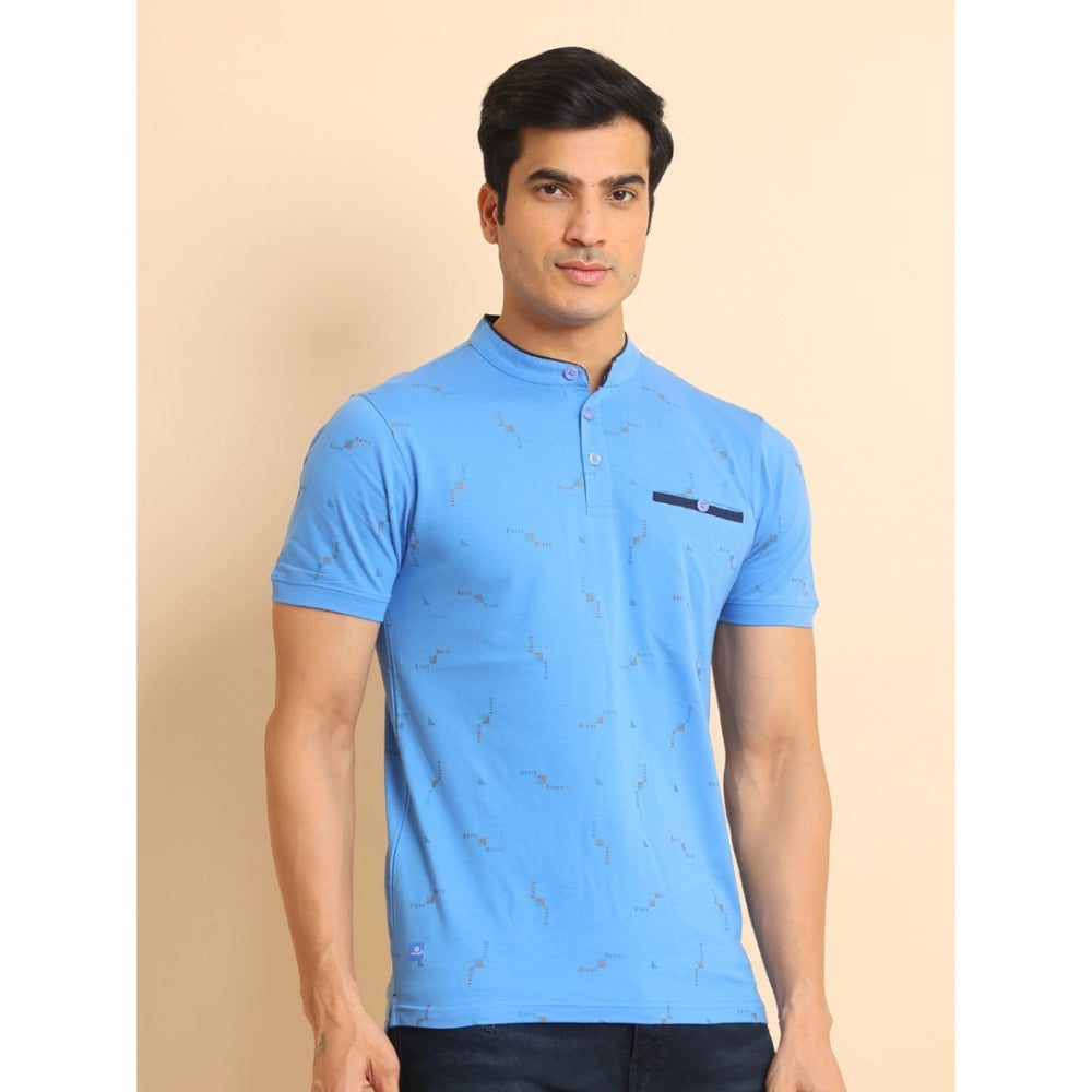 Men's Casual Cotton Printed Mandarin Collar Half Sleeve T-Shirt (LightBlue)