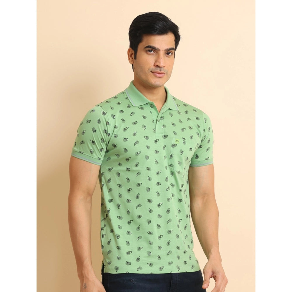 Men's Casual Cotton Printed Polo Neck Half Sleeve T-Shirt (Light Green)