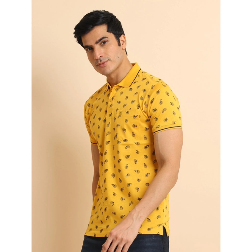 Men's Casual Cotton Printed Polo Neck Half Sleeve T-Shirt (Mustard)