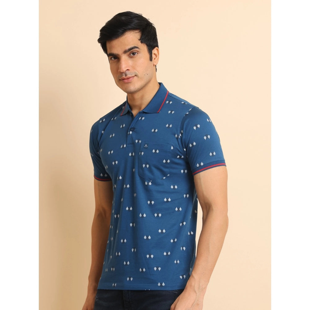 Men's Casual Cotton Printed Polo Neck Half Sleeve T-Shirt (Blue)