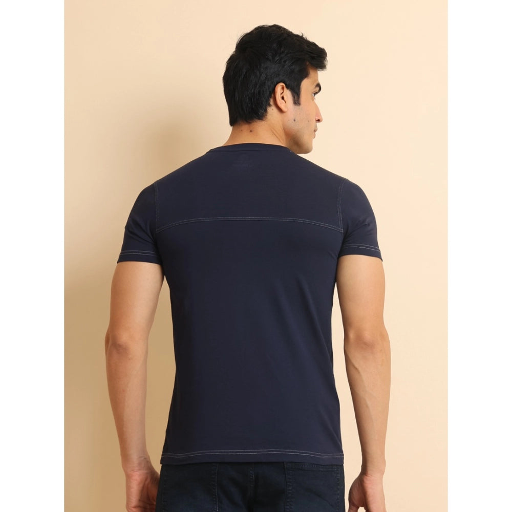 Men's Casual Cotton Solid Round Neck Half Sleeve T-Shirt (Navy)