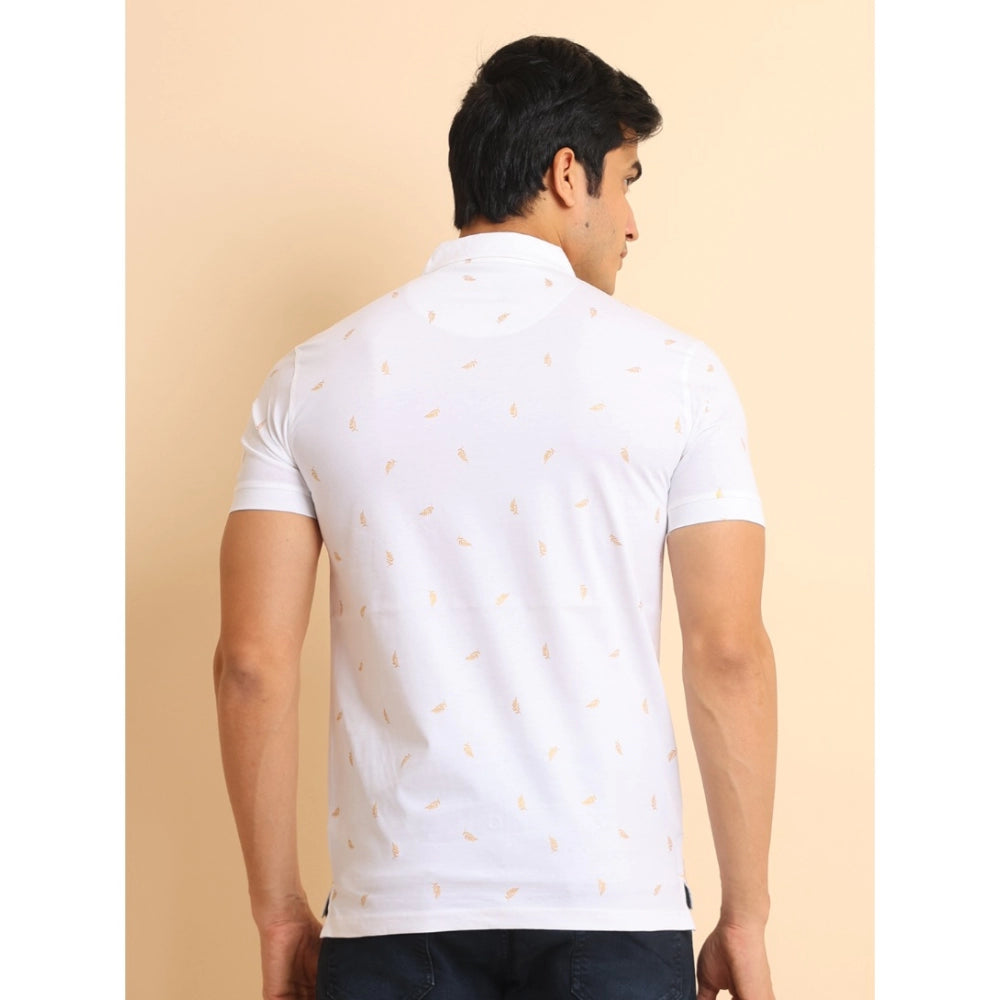 Men's Casual Cotton Printed Polo Neck Half Sleeve T-Shirt (White)